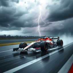 A Formula 1 car racing on a professional racetrack during a storm