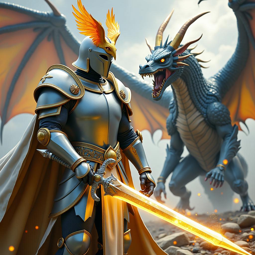 A distinctive silver paladin with a flowing cape and a helmet with a golden phoenix crest wields a massive zweihander and a magical shield of golden light, facing a fearsome dragon in an epic fantasy art style inspired by Rutkowski