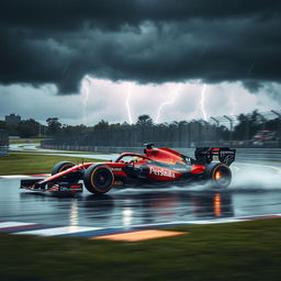 A Formula 1 car racing on a professional racetrack during a storm