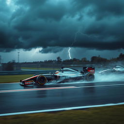 A Formula 1 car racing on a professional racetrack during a storm