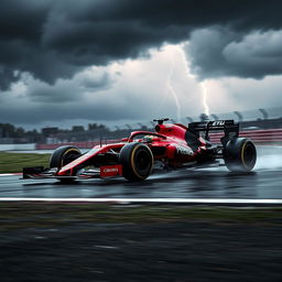 A Formula 1 car racing on a professional racetrack during a storm