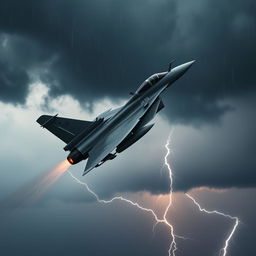 A Saab JAS39 Gripen fighter jet performing an aerial maneuver during a storm