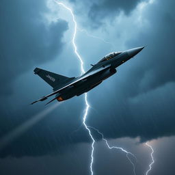 A Saab JAS39 Gripen fighter jet performing an aerial maneuver during a storm