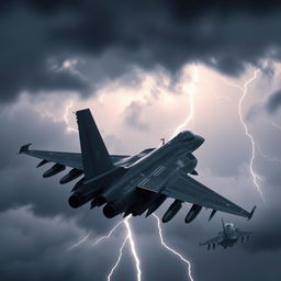 A Saab JAS39 Gripen fighter jet performing an aerial maneuver during a storm