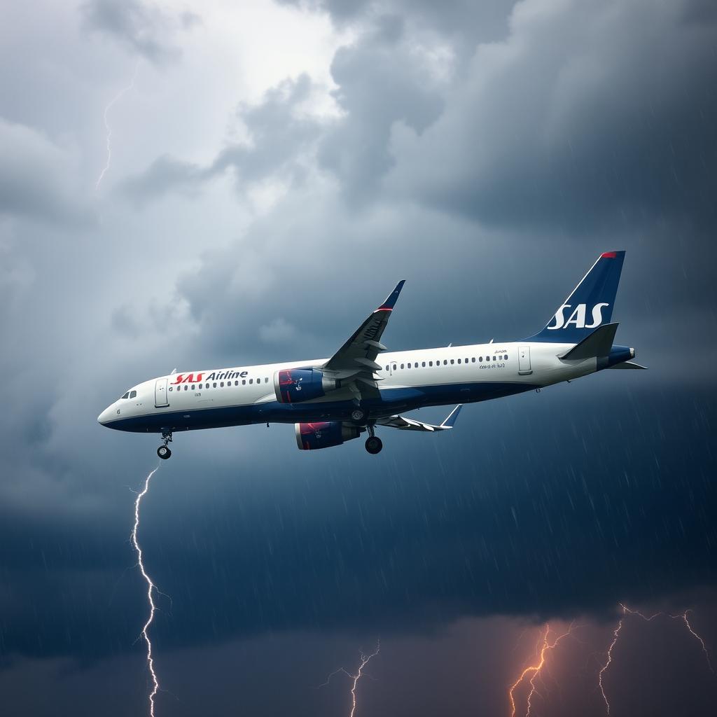 An SAS airline passenger jet performing a maneuver during a storm