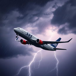 An SAS airline passenger jet performing a maneuver during a storm