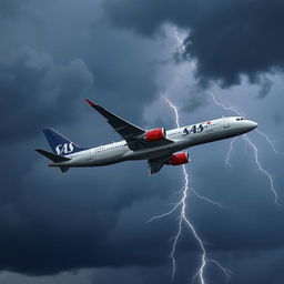 An SAS airline passenger jet performing a maneuver during a storm