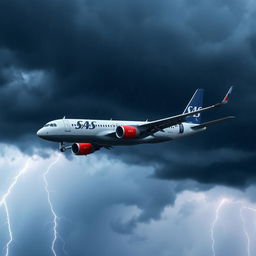 An SAS airline passenger jet performing a maneuver during a storm