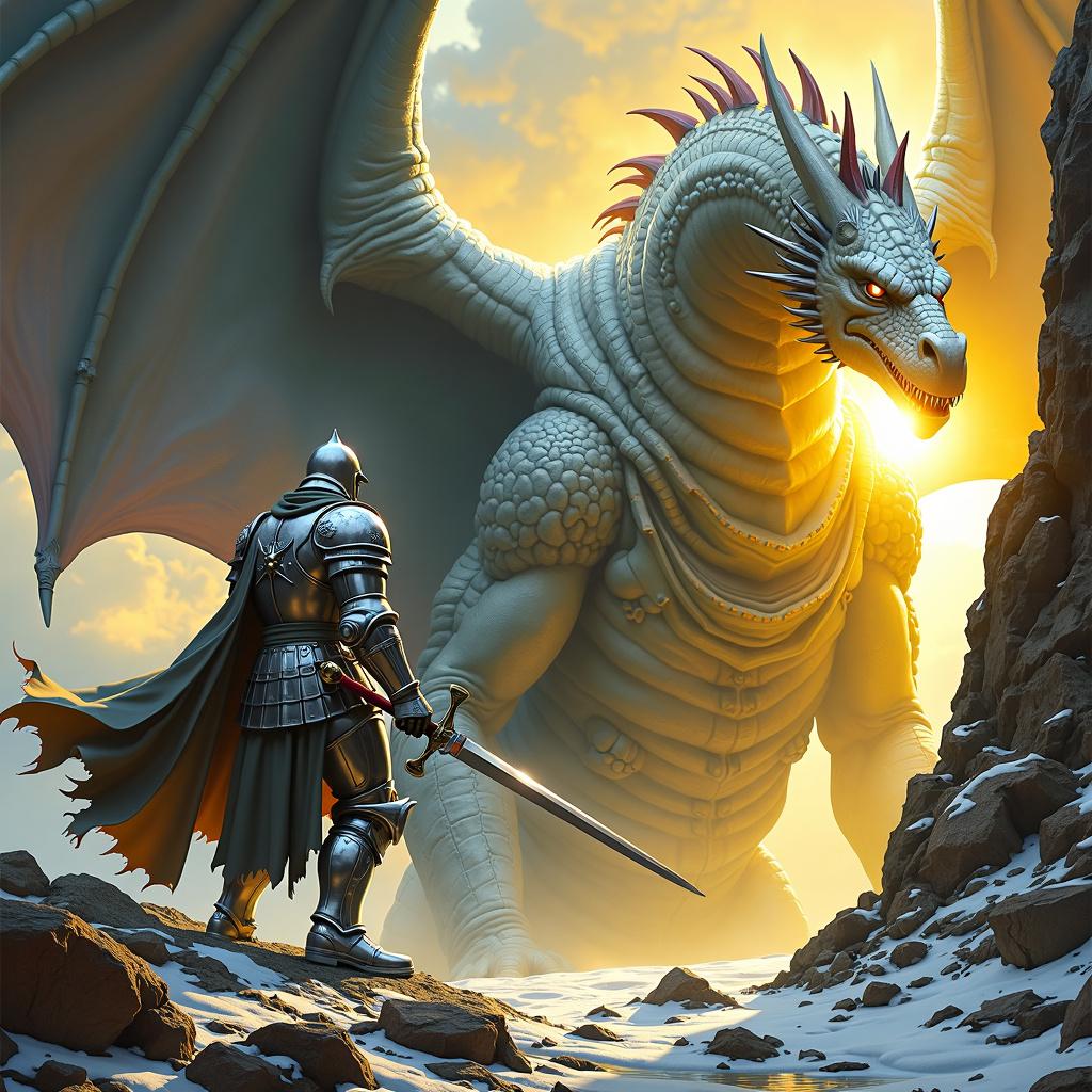 A silver paladin in full silver armor wields a massive zweihander and a magical shield of golden light, facing a fearsome dragon in an epic fantasy art style blending the influences of Caza, Druillet, Bilal, and Jean Giraud, with dramatic landscapes and dynamic energy