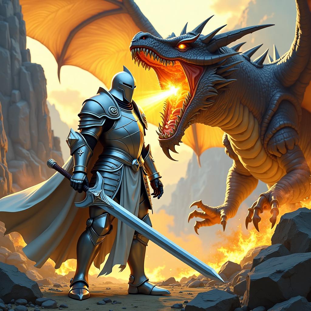 A silver paladin in full silver armor wields a massive zweihander and a magical shield of golden light, facing a fire-breathing dragon in an epic fantasy art style inspired by Jean Giraud, with dramatic landscapes and dynamic energy