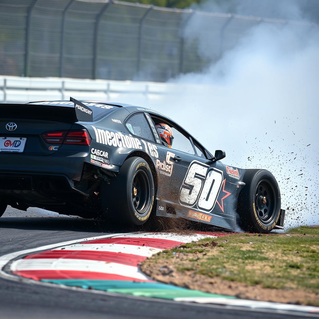 A dramatic scene of a person crashing a racecar on a racetrack