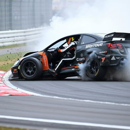 A dramatic scene of a person crashing a racecar on a racetrack