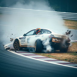 A dramatic scene of a person crashing a racecar on a racetrack