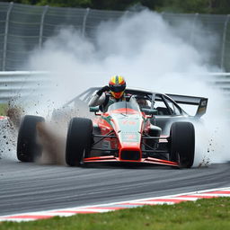 A dramatic scene of a person crashing a racecar on a racetrack