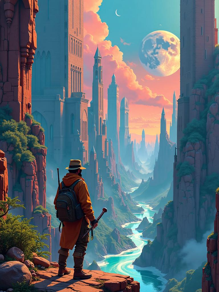 A sci-fi fantasy book cover in the style of Jean Giraud, featuring an adventurer overlooking a vast alien city with a surreal, dreamlike quality