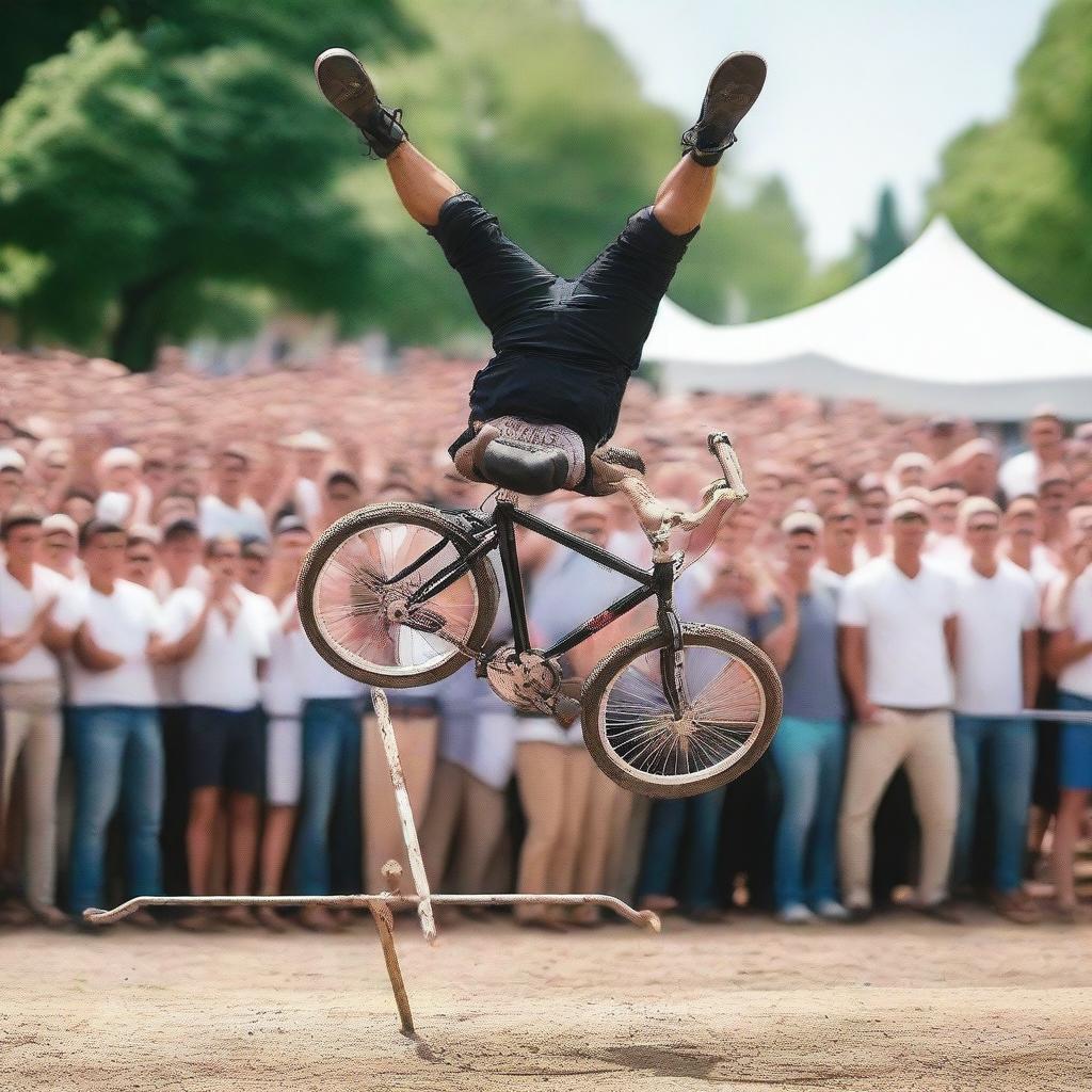 A person performing an impressive stunt by riding a bicycle upside down