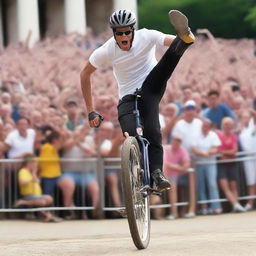 A person performing an impressive stunt by riding a bicycle upside down