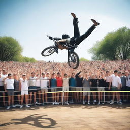 A person performing an impressive stunt by riding a bicycle upside down