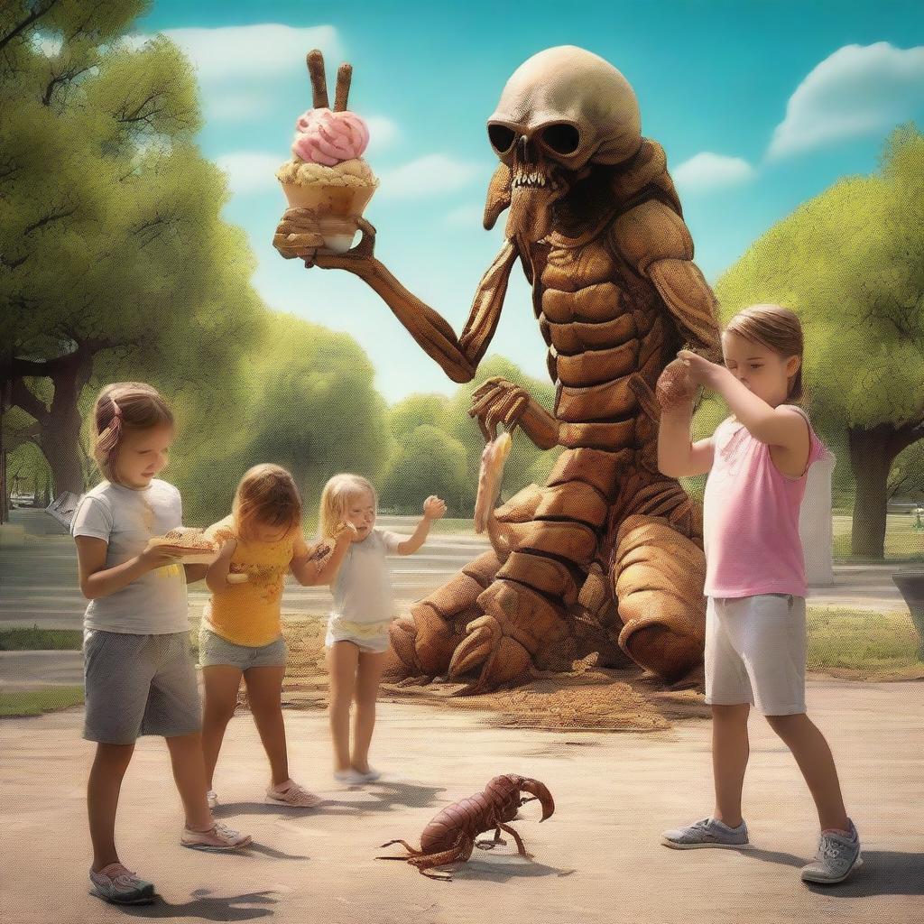 A surreal and controversial scene depicting a scorpion with the head of Jesus stealing ice cream from children