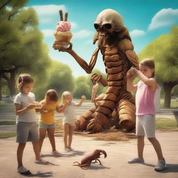 A surreal and controversial scene depicting a scorpion with the head of Jesus stealing ice cream from children