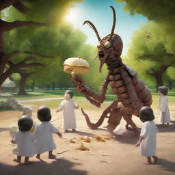 A surreal and controversial scene depicting a scorpion with the head of Jesus stealing ice cream from children