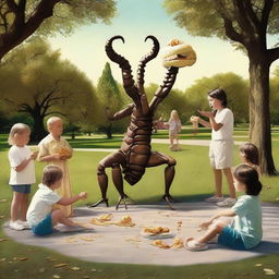 A surreal and controversial scene depicting a scorpion with the head of Jesus stealing ice cream from children