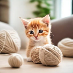 A cute and playful scene featuring a kitten playfully pawing at a ball of yarn