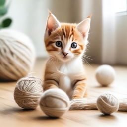 A cute and playful scene featuring a kitten playfully pawing at a ball of yarn