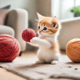 A cute and playful scene featuring a kitten playfully pawing at a ball of yarn