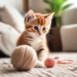 A cute and playful scene featuring a kitten playfully pawing at a ball of yarn