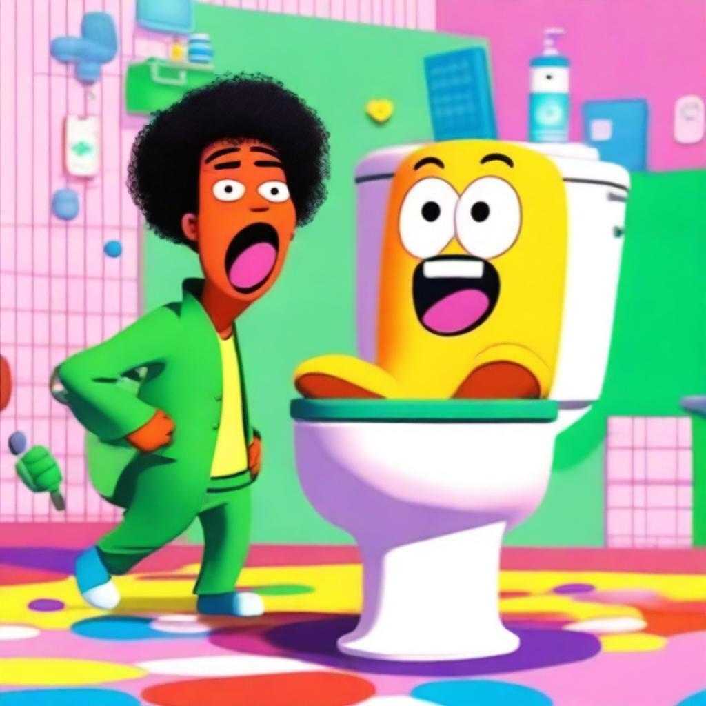 A humorous and surreal image featuring a 'skibidi toilet' character standing triumphantly on top of Clea, a character with a perplexed expression