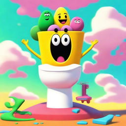 A humorous and surreal image featuring a 'skibidi toilet' character standing triumphantly on top of Clea, a character with a perplexed expression