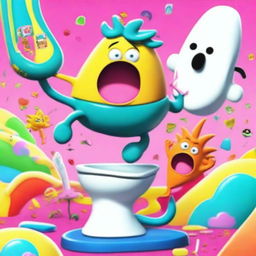 A humorous and surreal image featuring a 'skibidi toilet' character standing triumphantly on top of Clea, a character with a perplexed expression