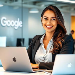 A beautiful woman working as a Google employee, wearing professional attire, sitting at a desk with a laptop, in a modern office environment with Google branding visible in the background