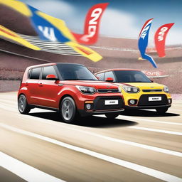 A thrilling race scene featuring a Kia Soul and a Suzuki Swift crossing the finish line in a neck-and-neck race