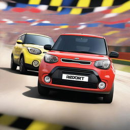 A thrilling race scene featuring a Kia Soul and a Suzuki Swift crossing the finish line in a neck-and-neck race