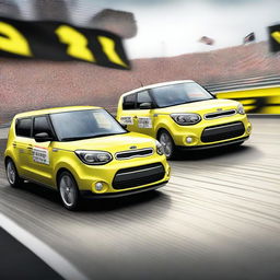 A thrilling race scene featuring a Kia Soul and a Suzuki Swift crossing the finish line in a neck-and-neck race