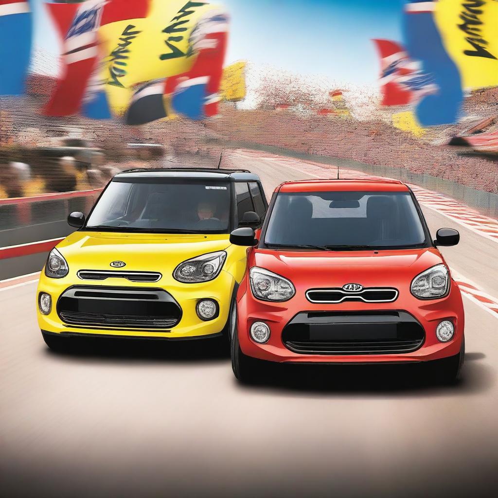 A thrilling race scene featuring a Kia Soul and a Suzuki Swift crossing the finish line together, capturing the moment of their victory