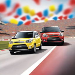 A thrilling race scene featuring a Kia Soul and a Suzuki Swift crossing the finish line together, capturing the moment of their victory