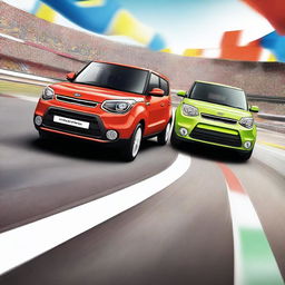 A thrilling race scene featuring a Kia Soul and a Suzuki Swift crossing the finish line together, capturing the moment of their victory