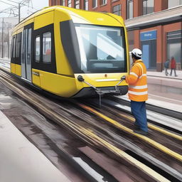 A detailed illustration of a tram track cleaning assistant in action