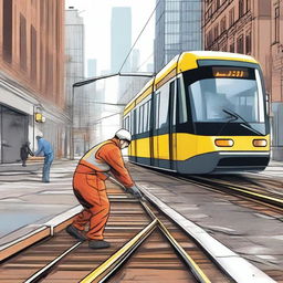 A detailed illustration of a tram track cleaning assistant in action