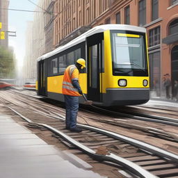 A detailed illustration of a tram track cleaning assistant in action