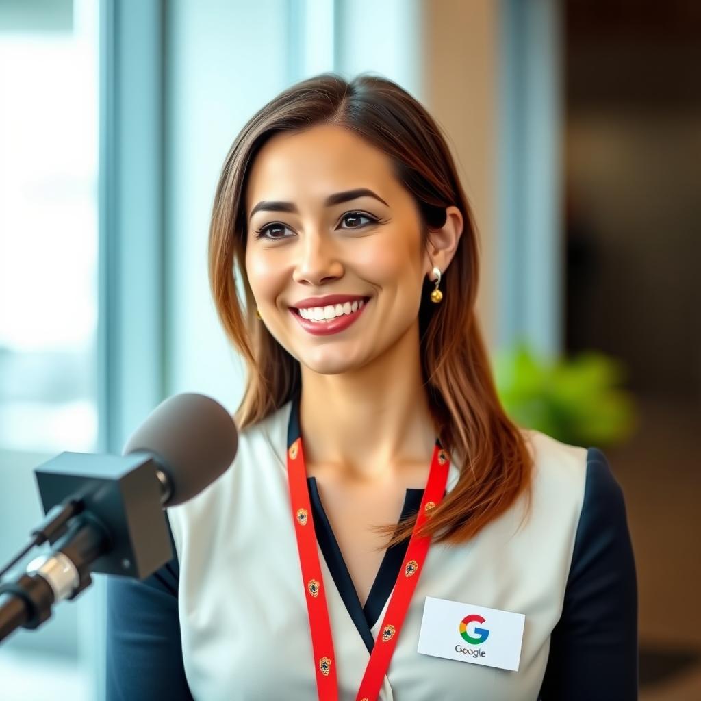 A beautiful woman giving an interview, wearing a Google badge