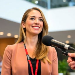 A beautiful woman giving an interview, wearing a Google badge