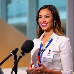 A beautiful woman giving an interview, wearing a Google badge
