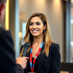 A beautiful woman giving an interview, wearing a Google badge