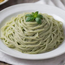 A plate of creamy green spaghetti served in a gourmet style.