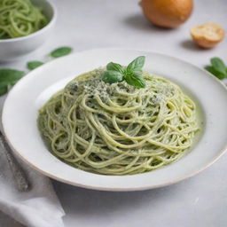 A plate of creamy green spaghetti served in a gourmet style.