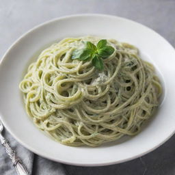 A plate of creamy green spaghetti served in a gourmet style.